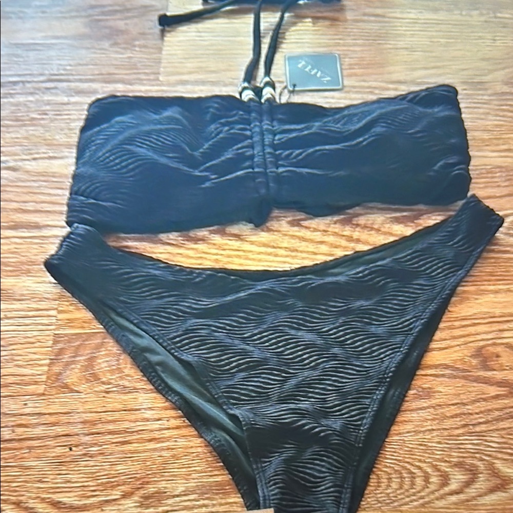 Zaful Black Textured Bandeau Bikini Set